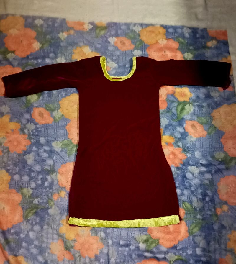 Royal Red And Green Velvet Pattern Kurta For Girl