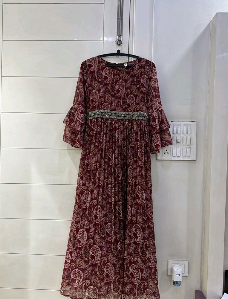 Maroon Ethnic Print Gown For Women