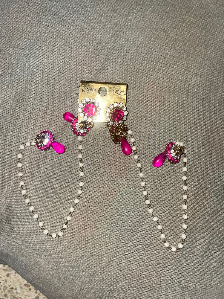 Pink Crystal Jhumka With Kaan Chain