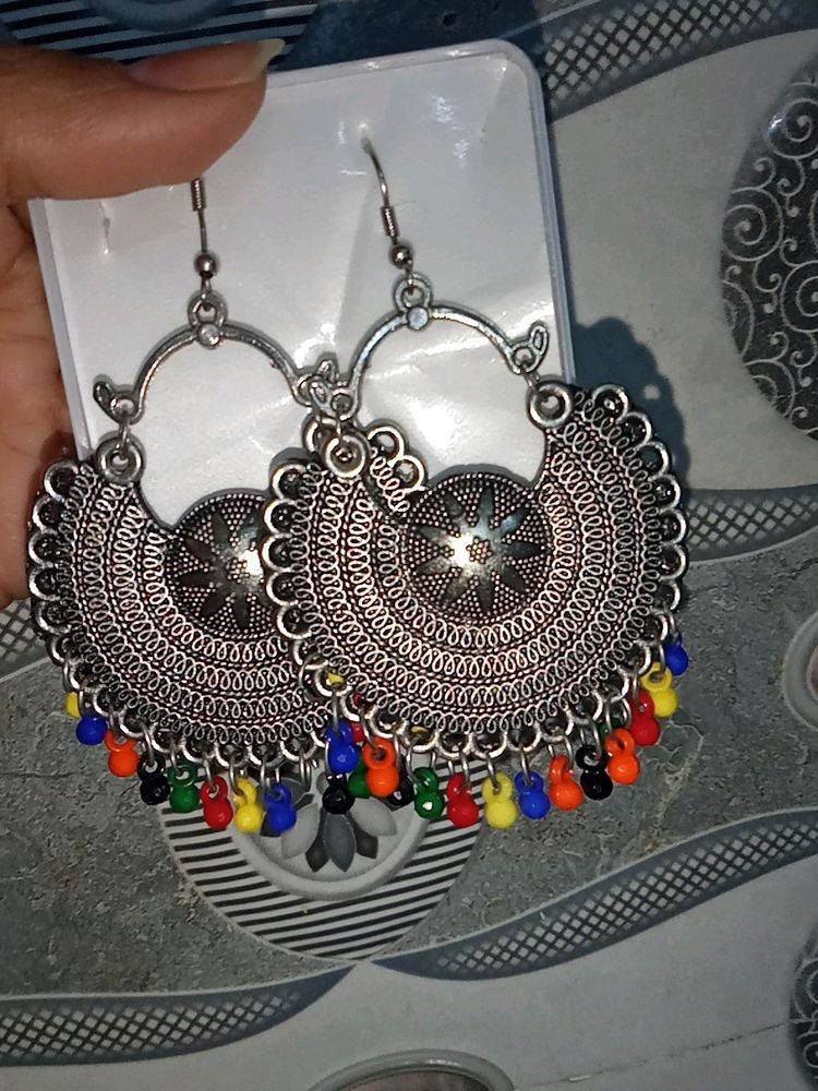 Earrings Silver And Multi Colour