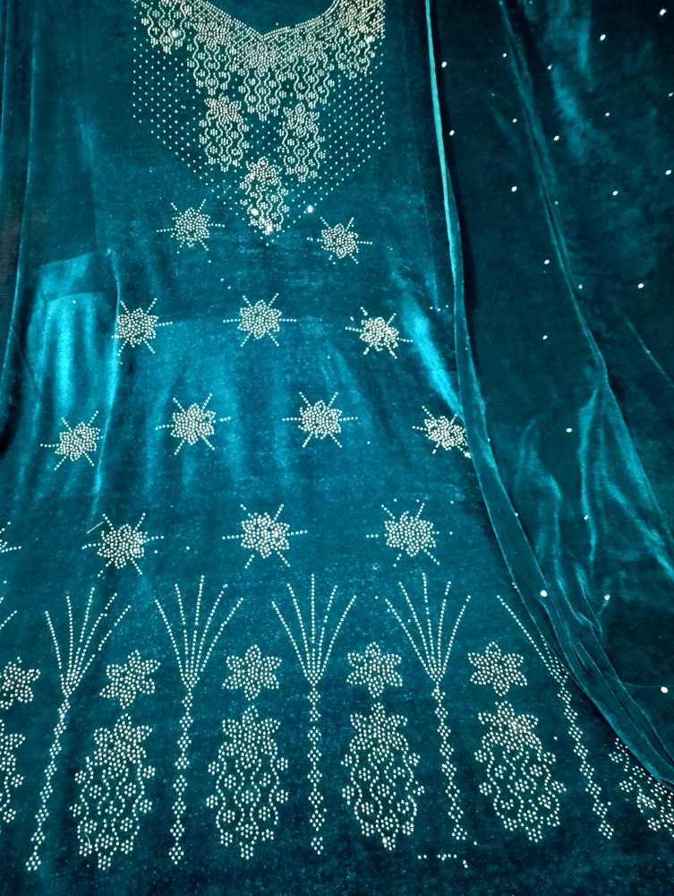 Velvet Dress Material With Shawl Peacock Colour