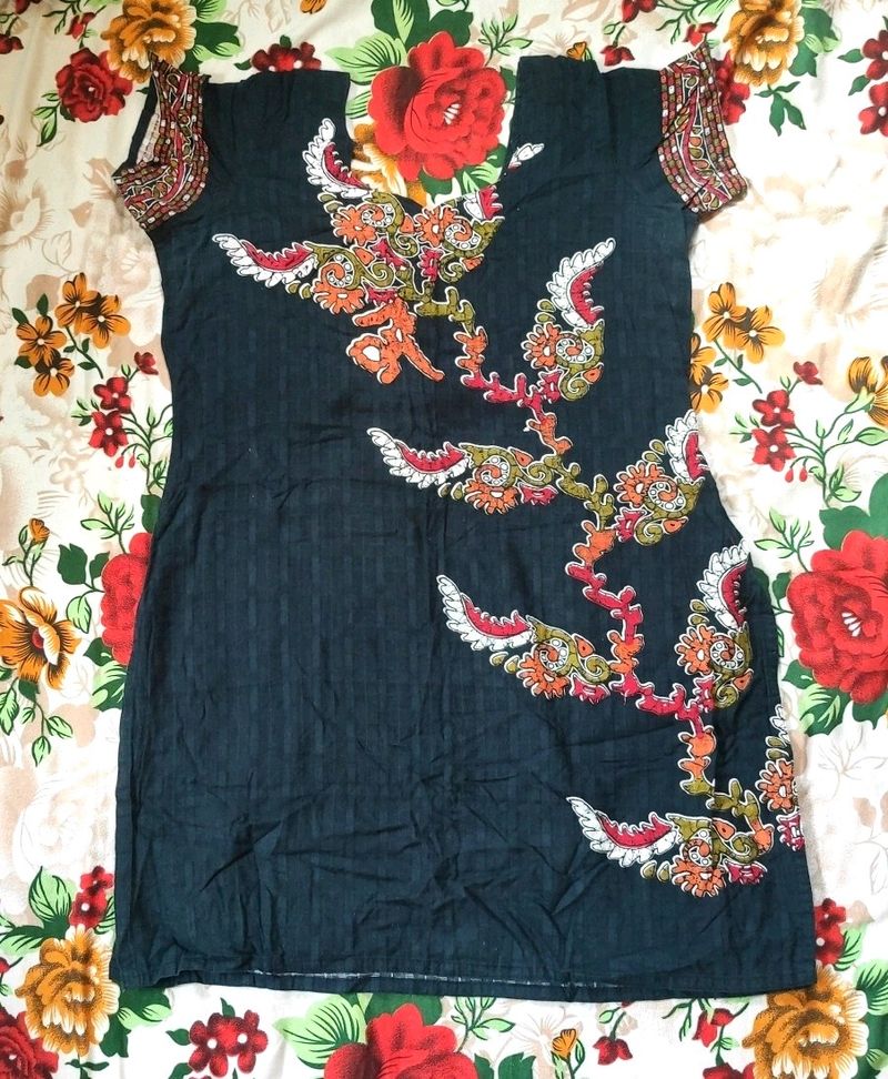 Stitched Black Embroied Cotton Kurtha | Size 38