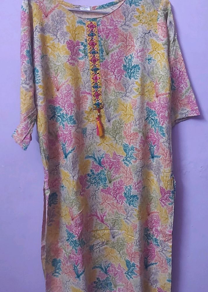 Multi Color Printed Kurti With Mirror And Work