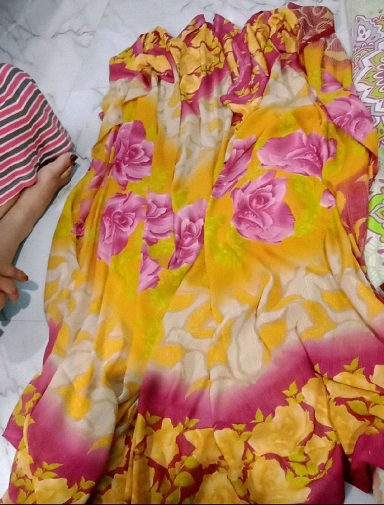 Yellow Flower Print Saree