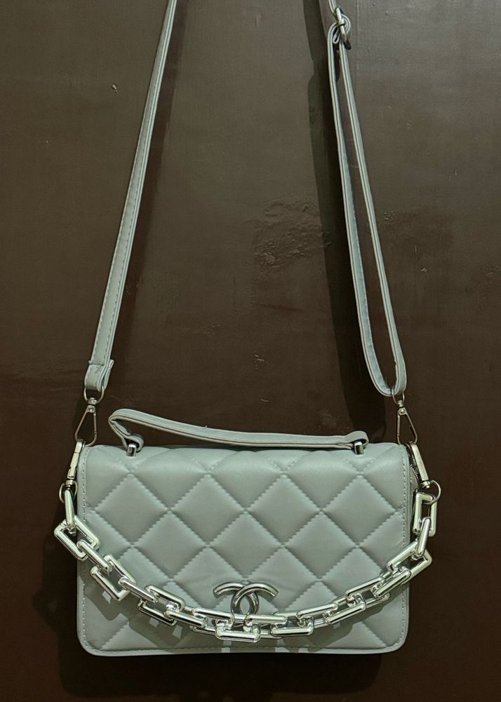 Silver Sling Bag With Chain