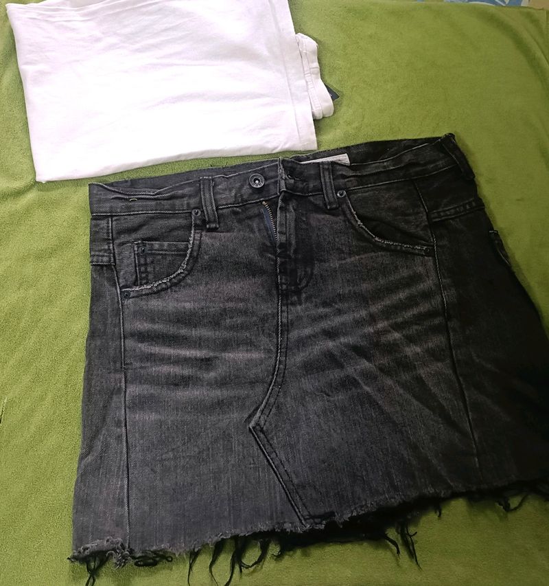 Denim Black & Grey Shade Skirt With Tshirt