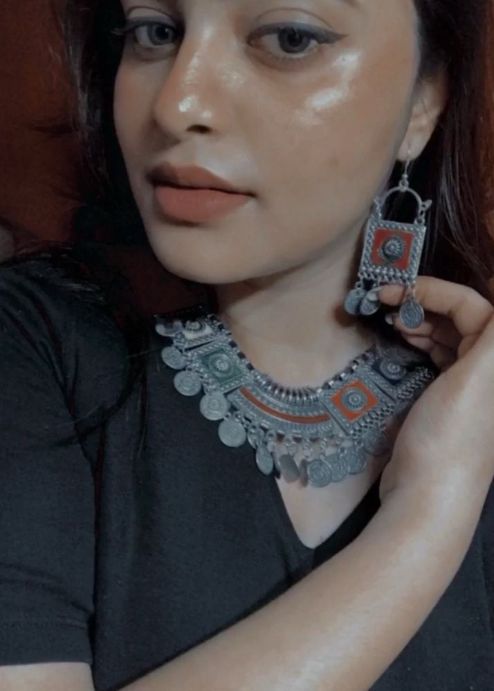 Oxidised Silver Necklace And Earrings Set, Banjara