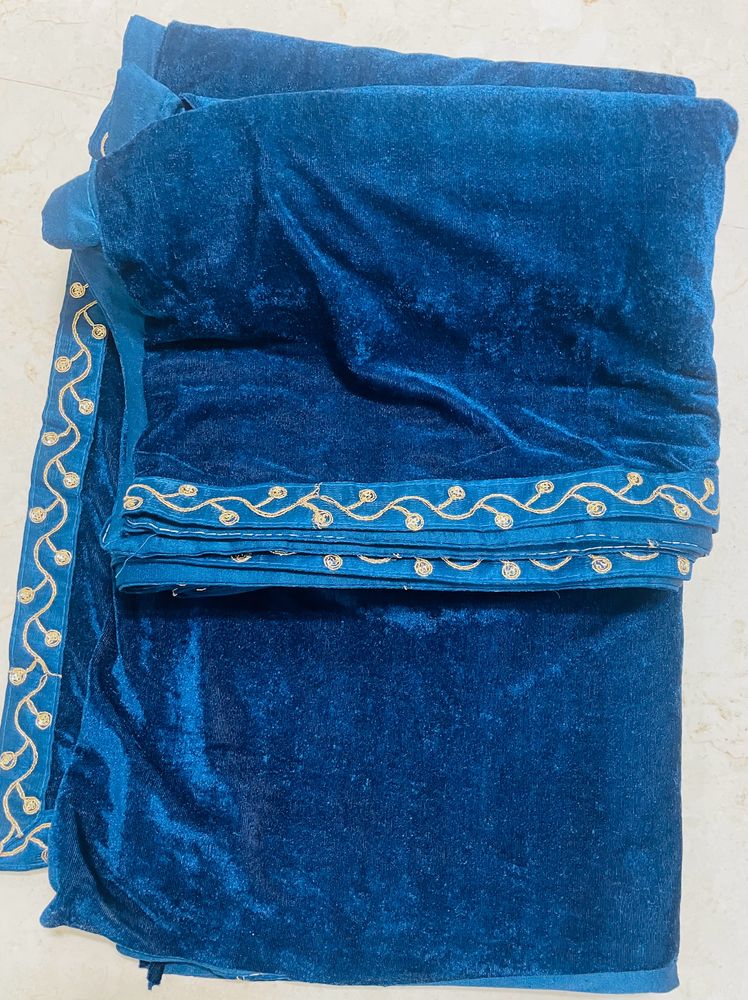 Unused Teal Blue Velvet Saree