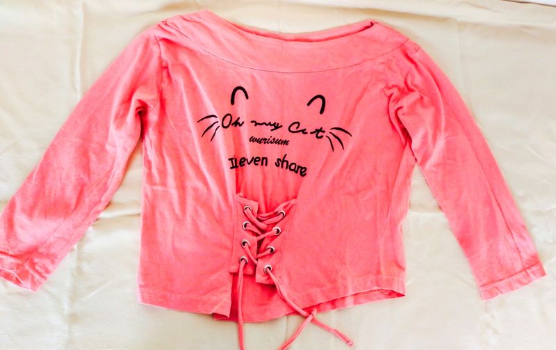 Peach Colour Cat Graphic Lace-up Top