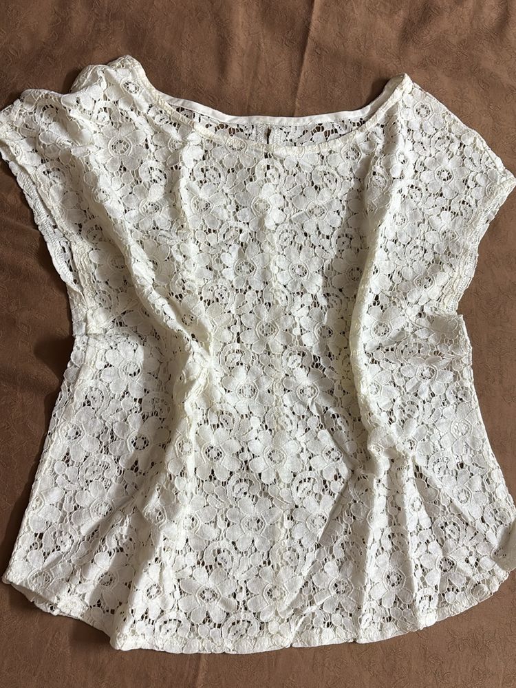 White Floral Net Top