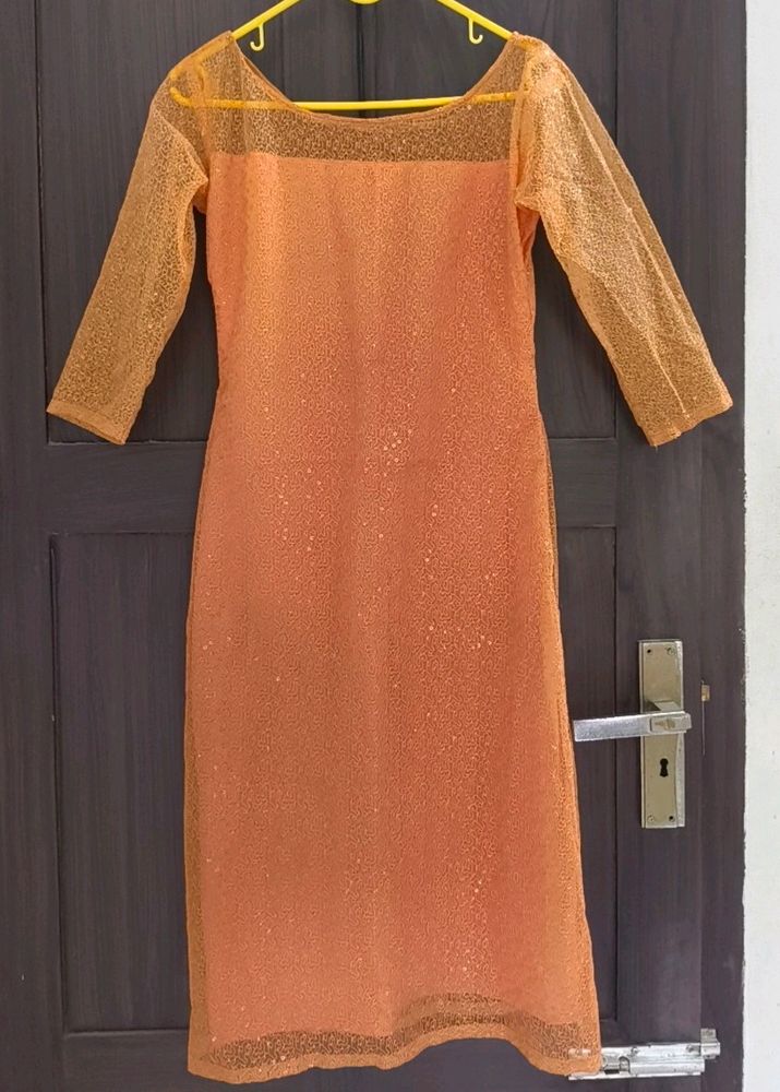 Coral Sequenced Kurthi will Sheer Sleeves