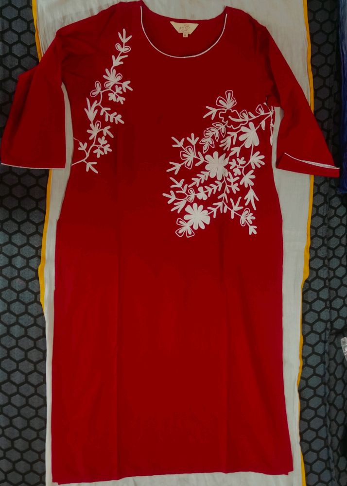 Blood Red Never Wear White Embroidered With Silver Lace In Borders Of Neck And Sleeves With Length 45.05