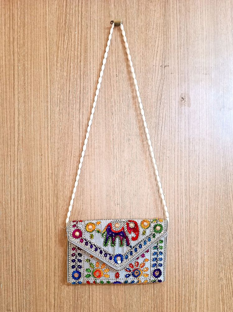 Grey Hand Embroidered Sling Bag