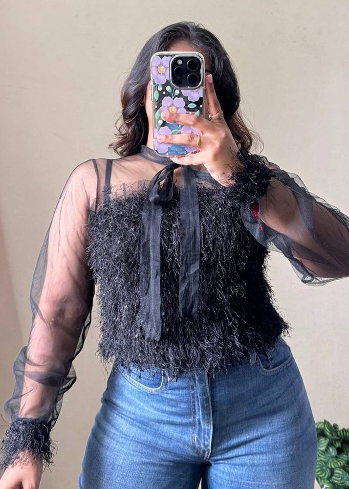 Black Furry Mesh Top