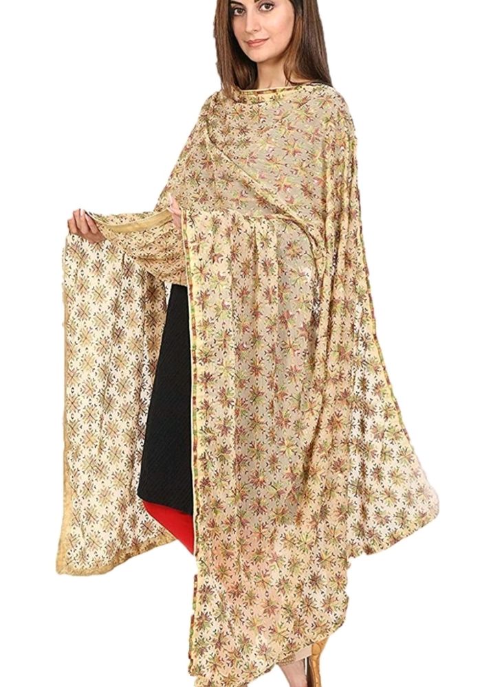 Chiffon Embroidered Women Dupatta (Beige Colour)