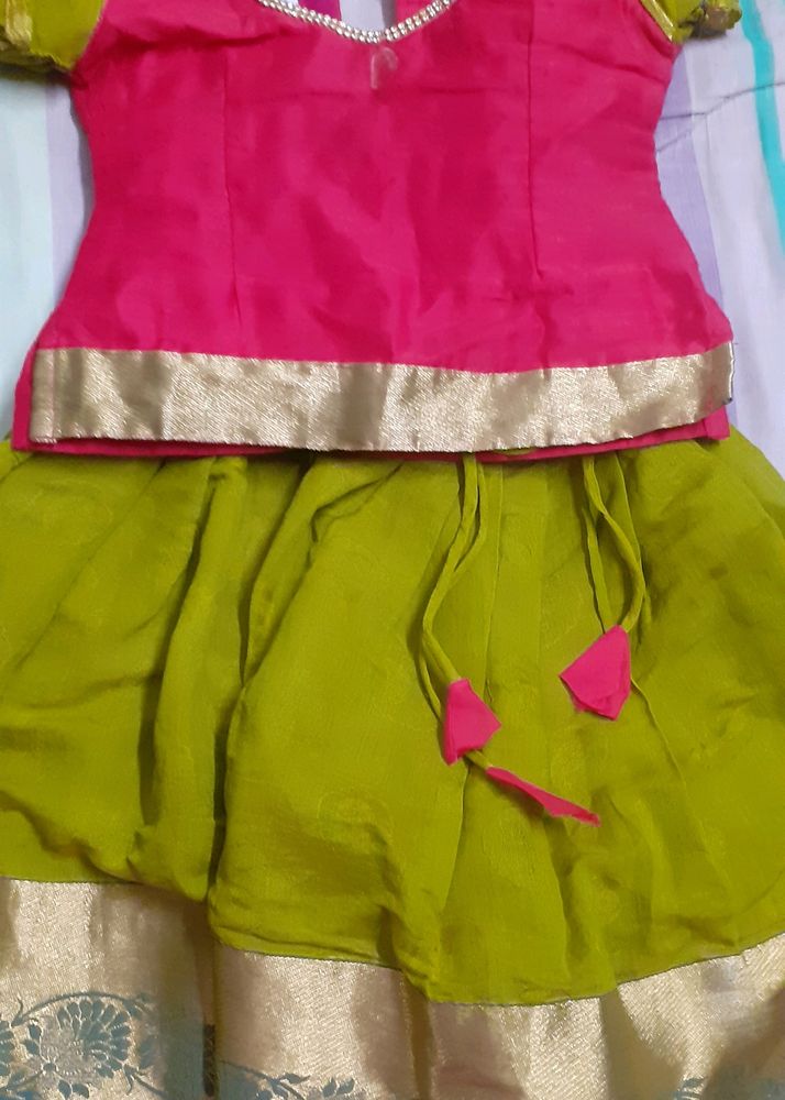 Pink With Green Pavadai Sattai