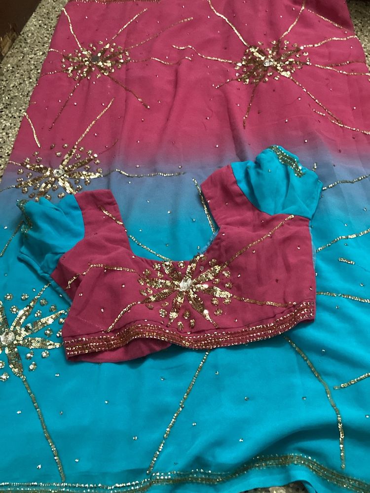 Beautiful Pink N Blue Party Wear Saree