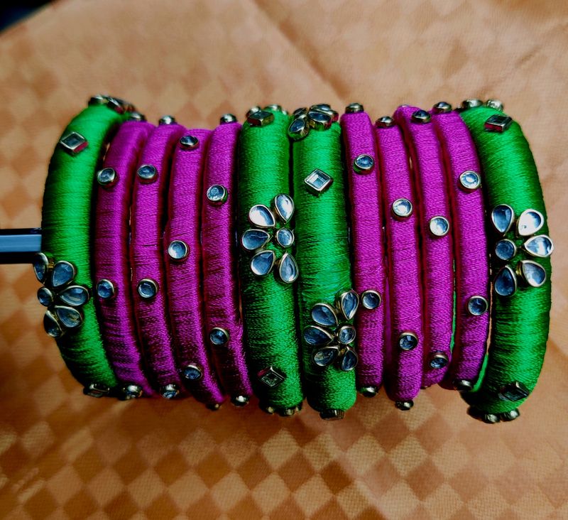 Green and Pink Silk Thread Bangles