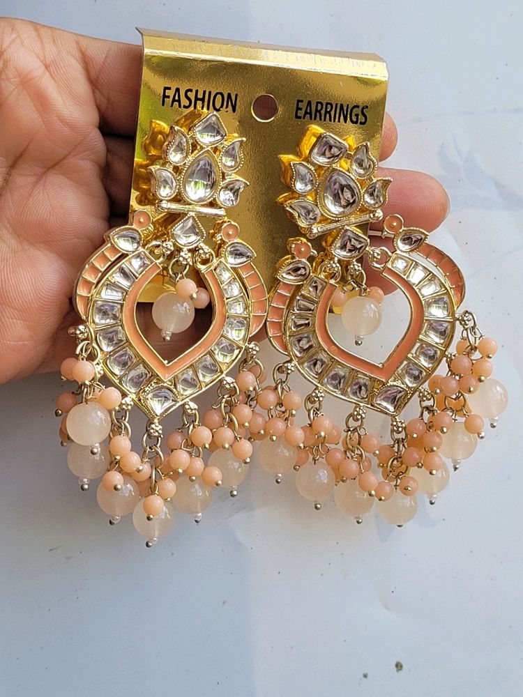 Peach Kundan Earrings Set