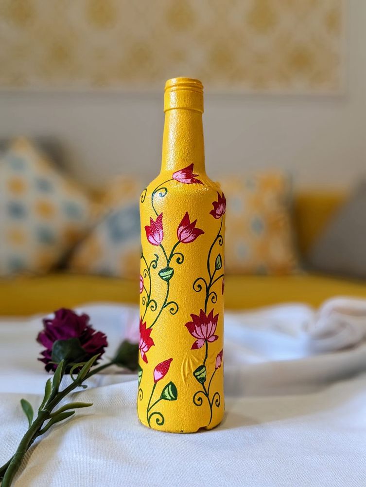 Handpainted Yellow Flowers Art On Glass Bottle