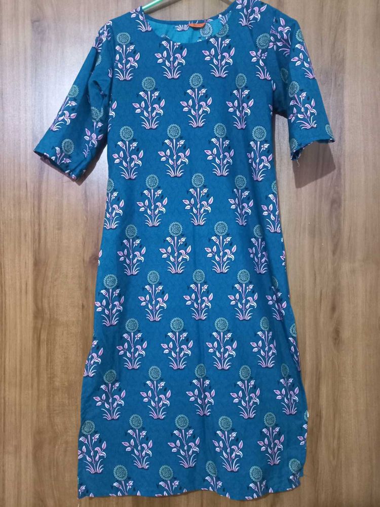 Women Printed Art Silk A-line Kurta( Blue)