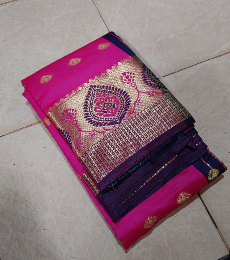 Dark Pink Polyester Saree With Butta Work