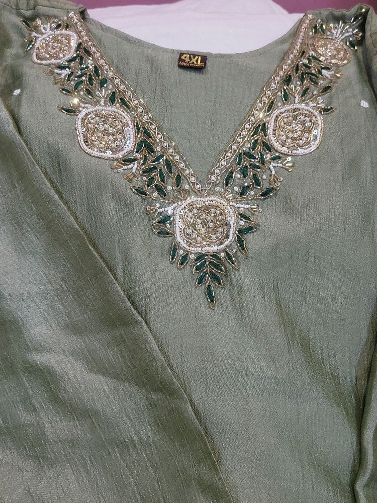 Olive Green Suit With Organza Dupatta