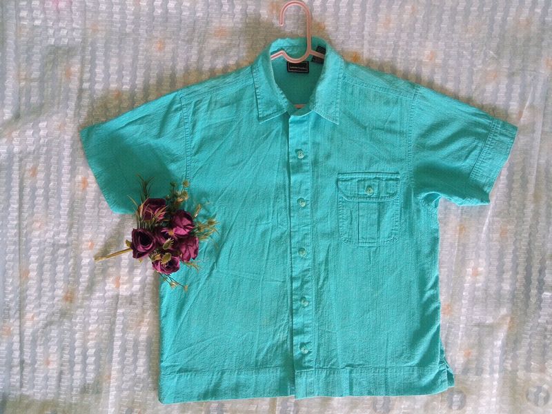 Blue Cotton Blend Half Sleeves Shirt