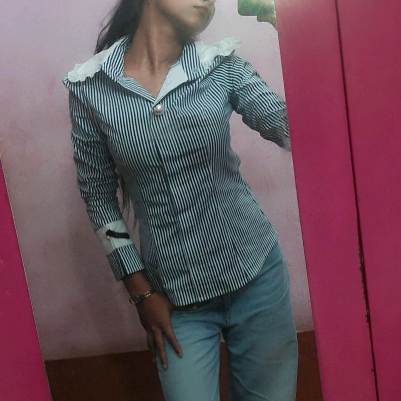 Blue Striped Office Siren Fitted Shirt