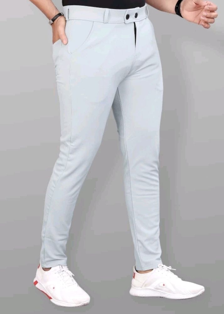 Men Slim Fit Grey Lycra Blend Trousers