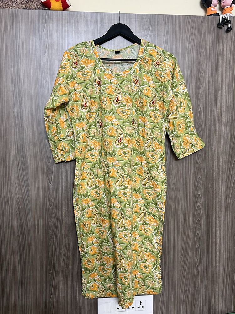 Green And Yellow Cotton Kurta