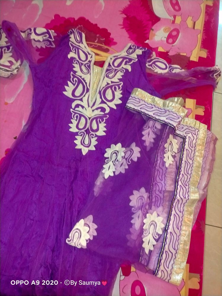 Lavender Net Dress With Duppata