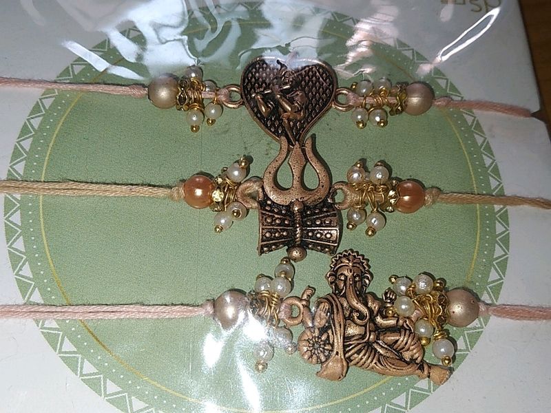 Set Of 3 RAKHI- Krishna, Ganesha, Shiv Trishul