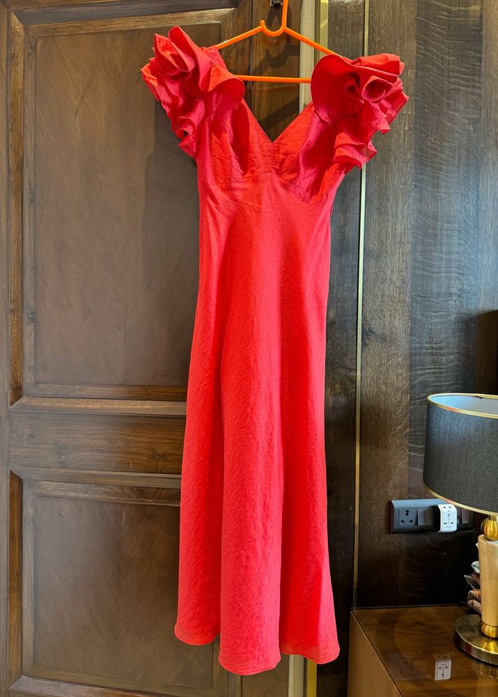 Forever New Red Rylie Ruffle Shoulder Midi Dress