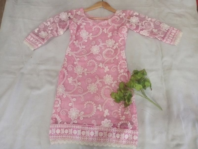 Pink Chickenkari Kurta For Women