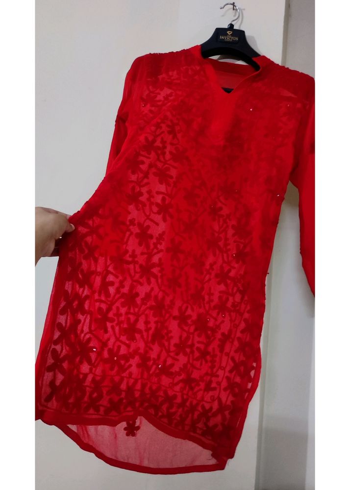 RED CHICKEN EMBROIDERY KURTA FOR WOMEN