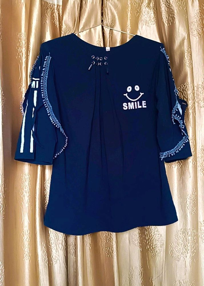 Casual Beautiful Sleeves Solid Women Navy Blue Top