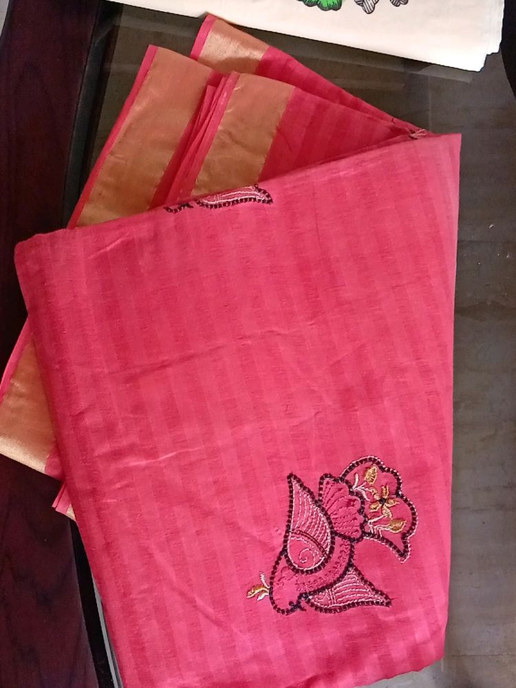 Peach Color Embroidery Saree