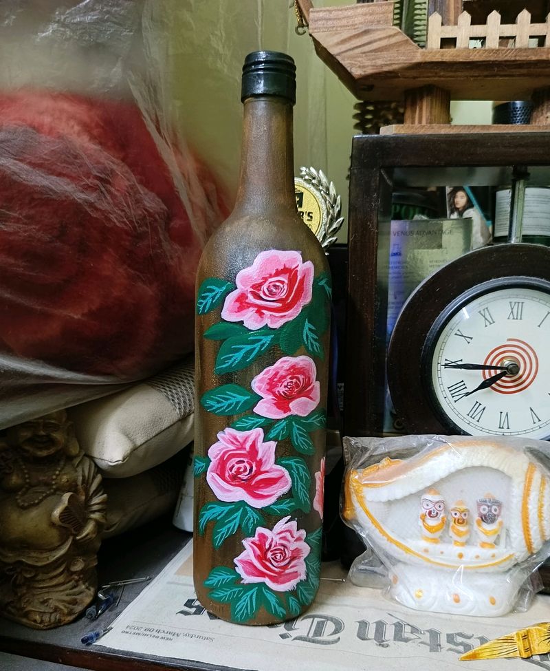 Handpainted Floral Art On Glass Bottle/ Vase