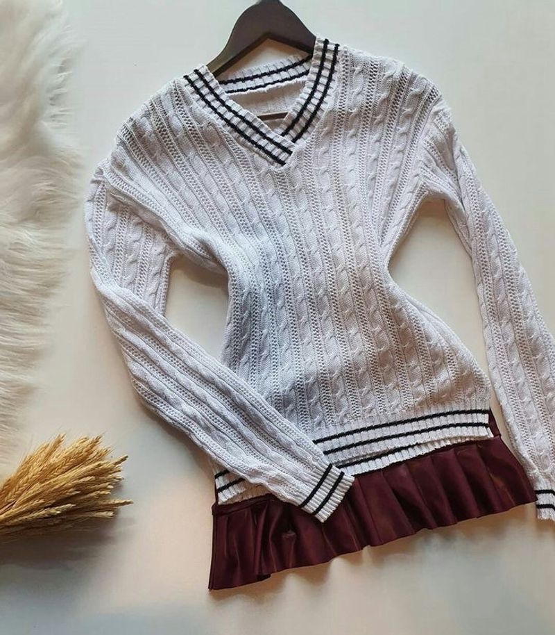 V Neck White Sweater With Black Strips