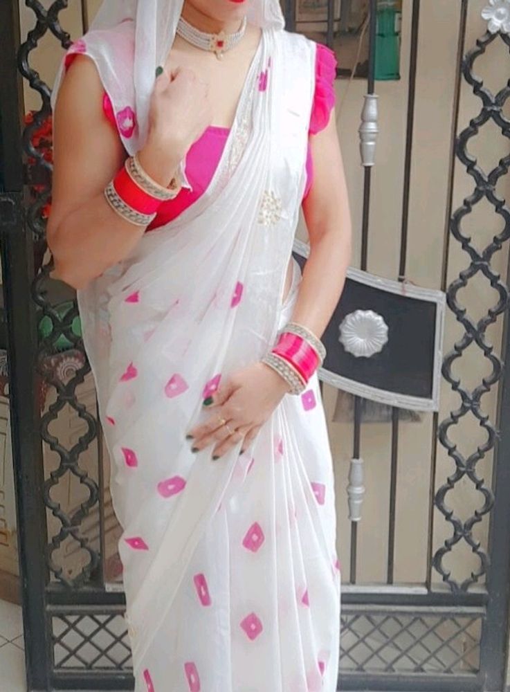 White Bandhej Saree