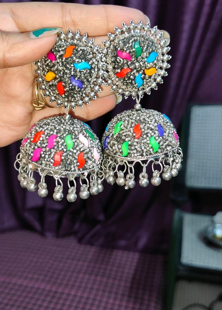 Silver Jhumka With Multi Colour Stone