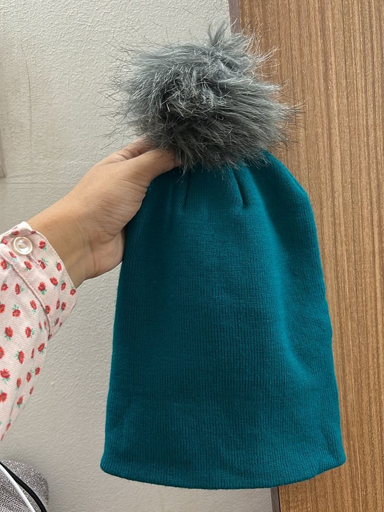 Beautiful Green Beanie With Fluffy Grey Tip