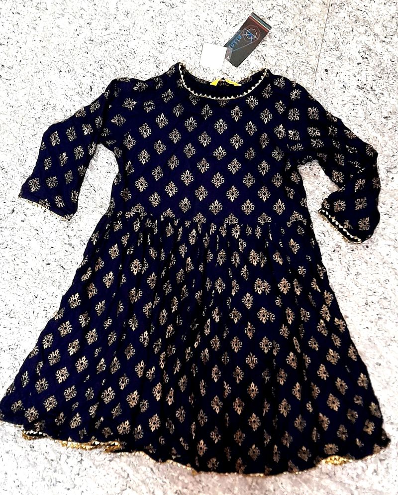 Navy Blue Ethnic Motif Printed Pleated Kurti/Shara