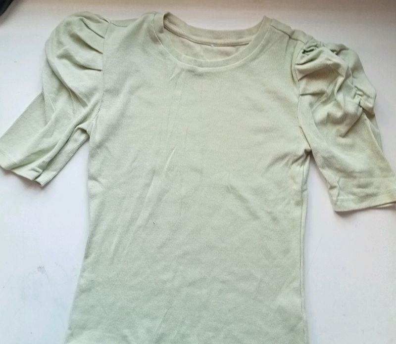 Fitted, Pistachio Green Top With Puff Sleeves