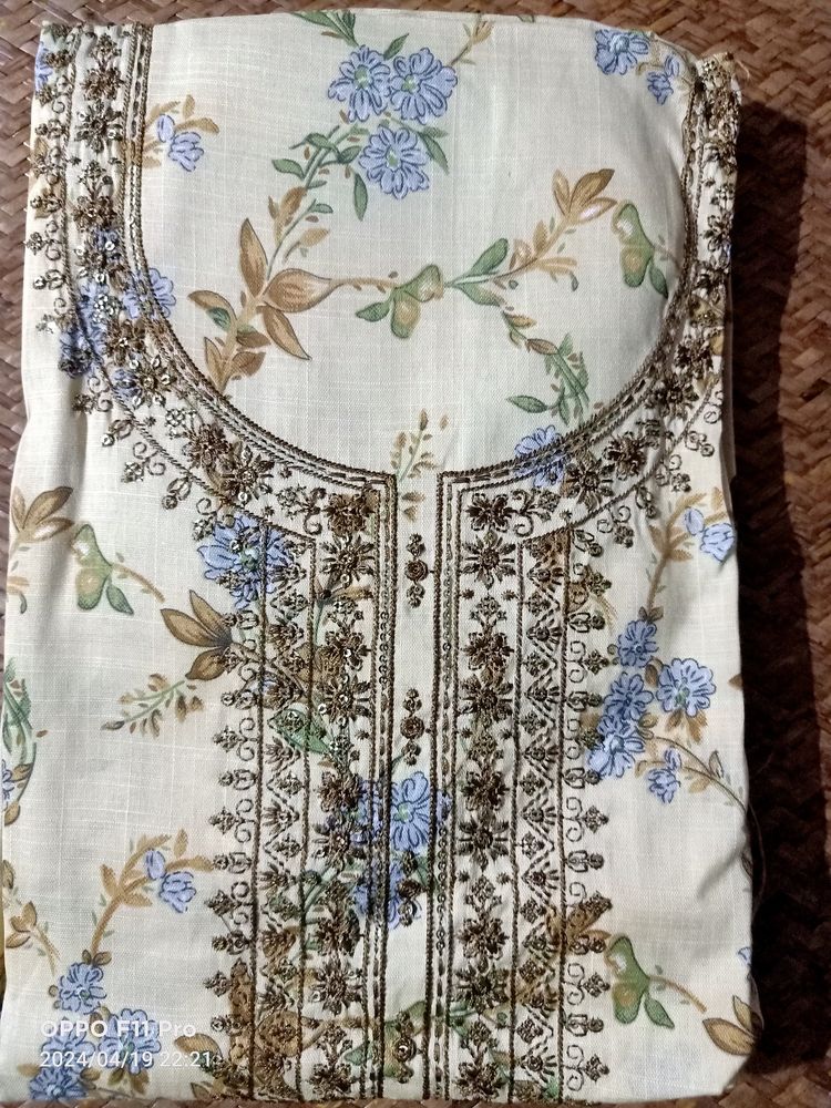 Unstitched Floral Print Neck Embroidery