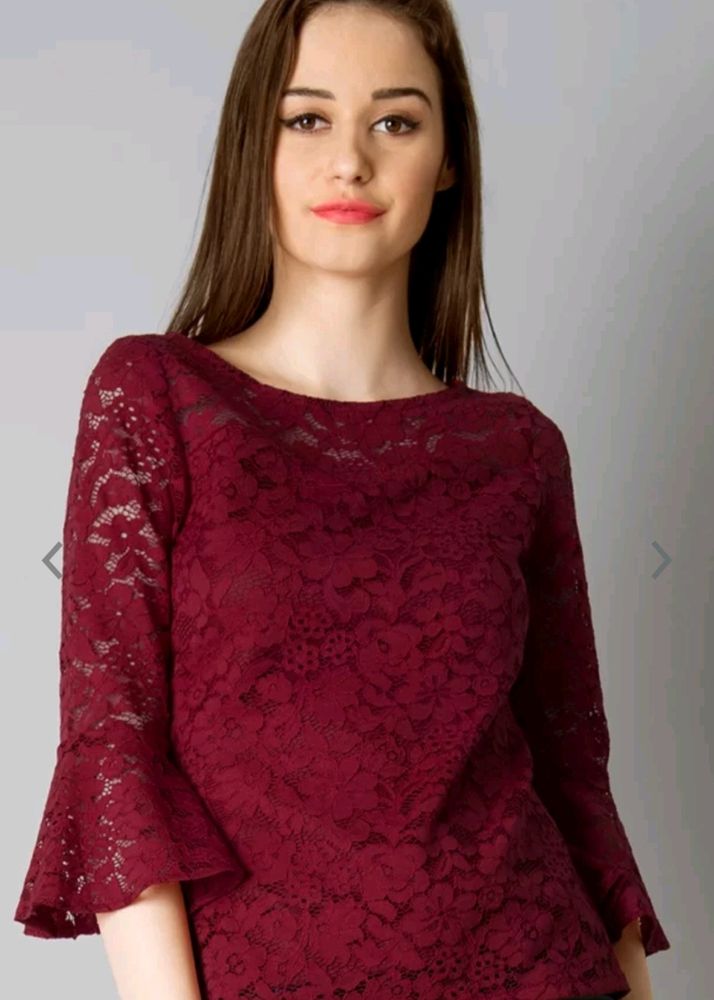 Women Maroon Self - Design Lace Top