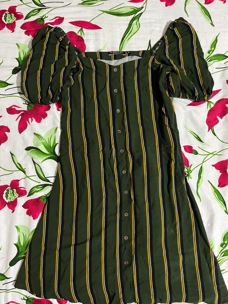 Forest Green Vertical Striped Puff Sleeve Dress