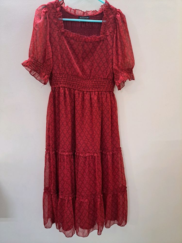 Red Smocked Dress Puff Sleeves