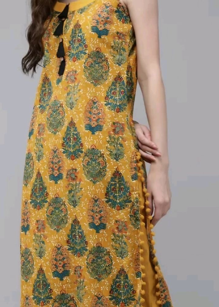 Cotton Mustard Yellow and Green Printed Kurta